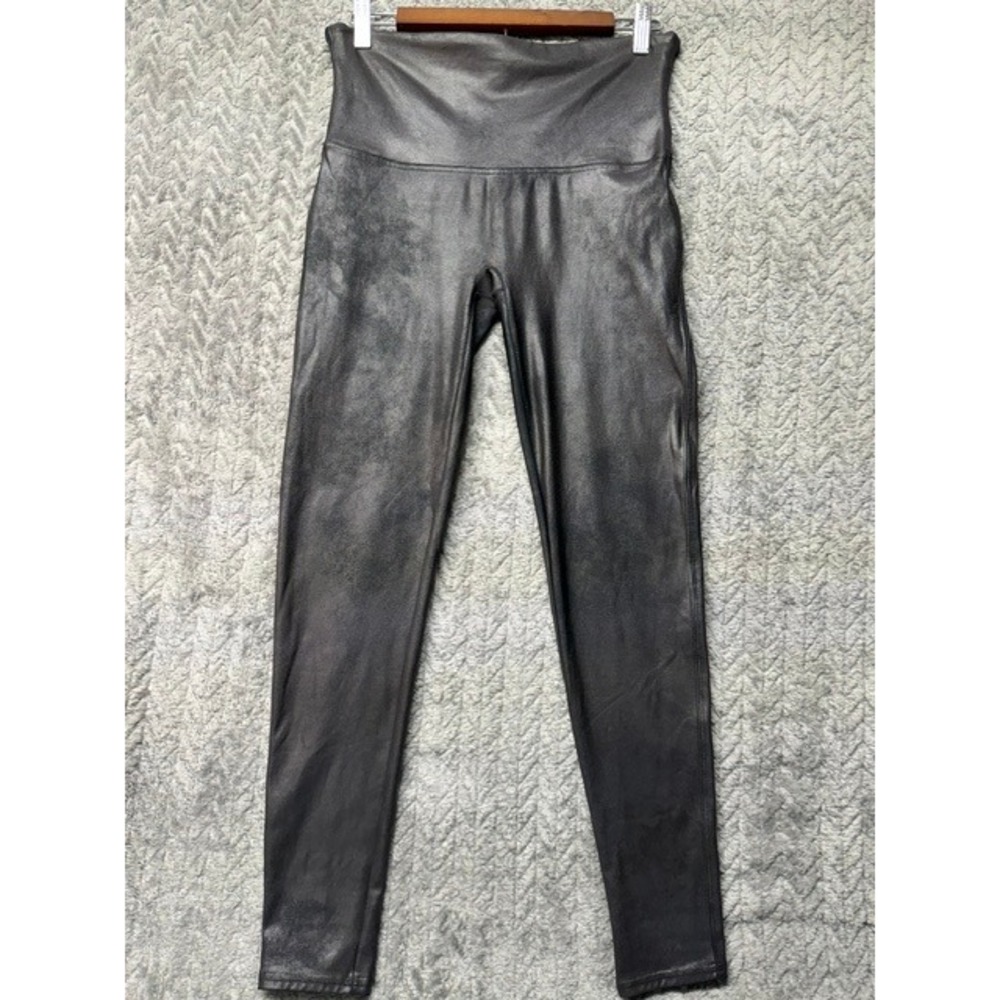 Spanx Faux Leather Leggings Metallic Pewter Gunmetal High Waisted XL 0762